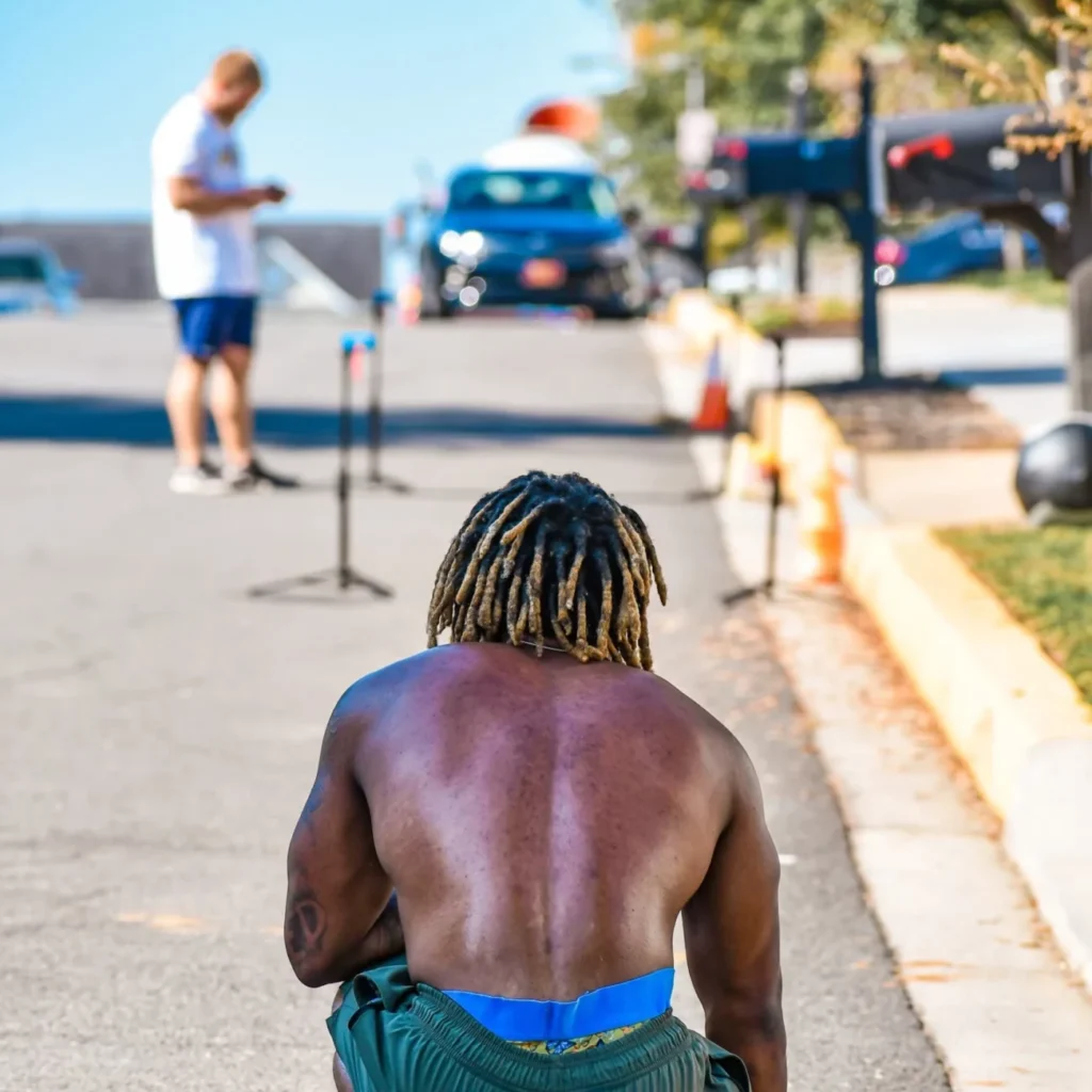 Athlete kneeled down preparing to perform sprint testing