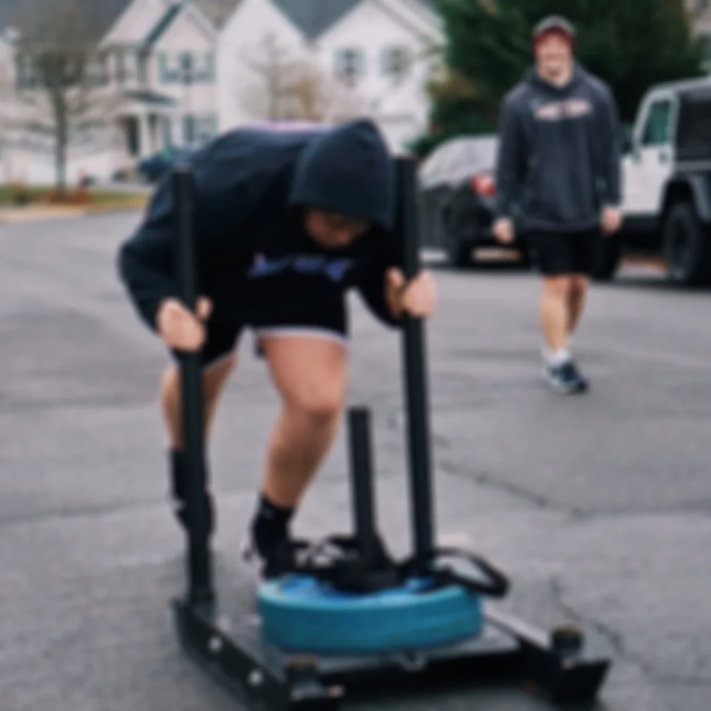 Athlete doing personal training performing weighted sled pushes